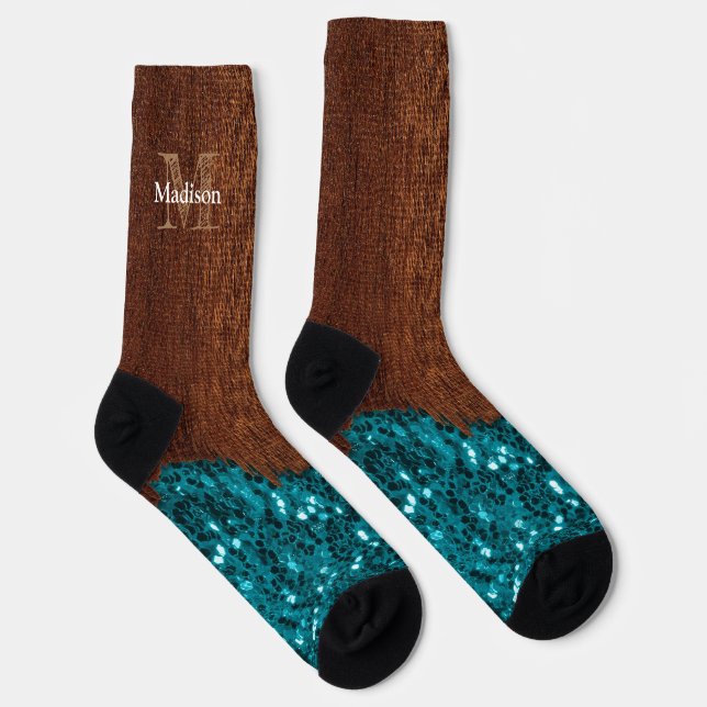 Aqua-blaue Glitzern, rustikal-braunes Holz Monogra Socken (Rechts)