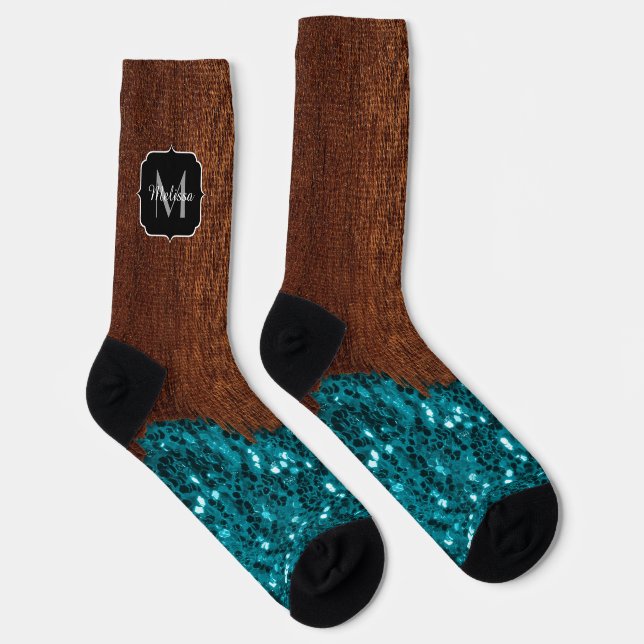 Aqua-blaue Glitzern, rustikal-braunes Holz Monogra Socken (Rechts)