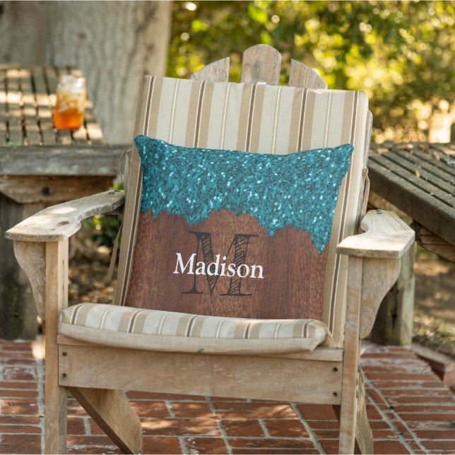 Aqua-blaue Glitzern rustikales Holz Monogram PLdes Kissen (Stuhl )