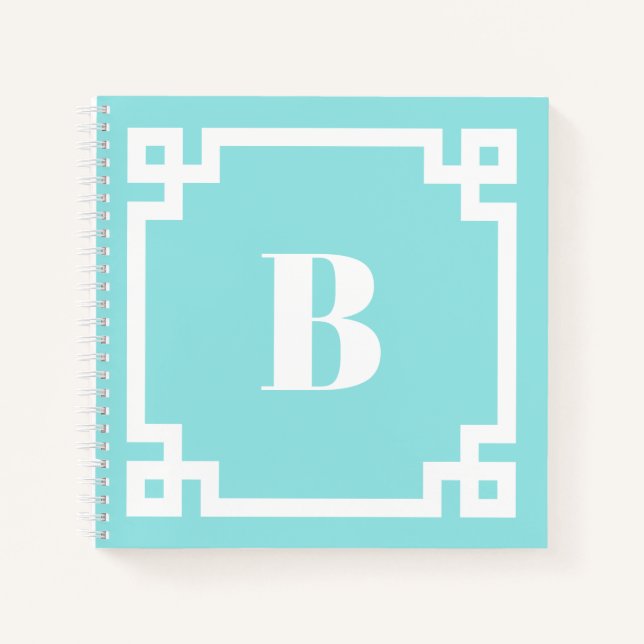 Aqua Blaue Griechische Schlüsselrand-Monogramm-Not Notizbuch (Vorderseite)