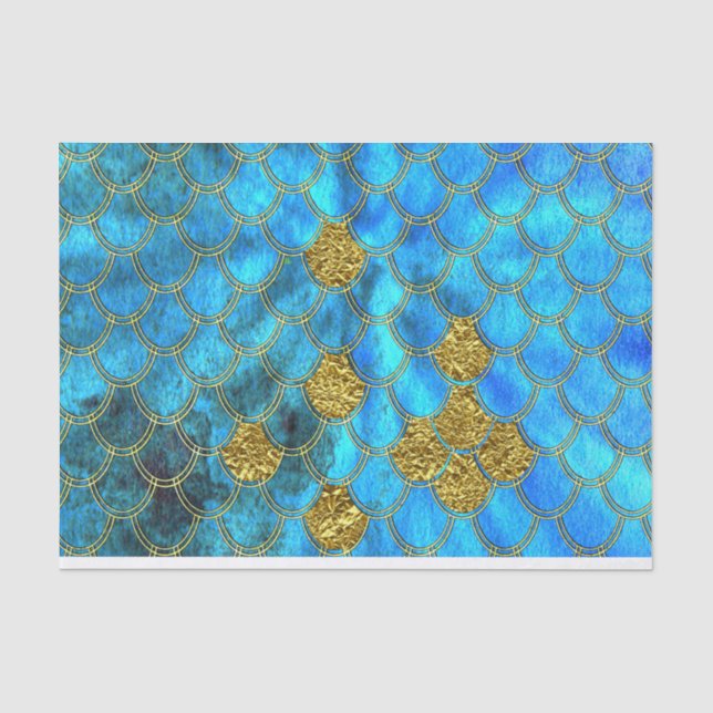 Aqua-blaue Meerjungfrau-Skalen mit GoldGlitter Seidenpapier (Vorderseite)