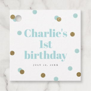 Aqua-blaue und goldene First-Birthday-Party Geschenkanhänger