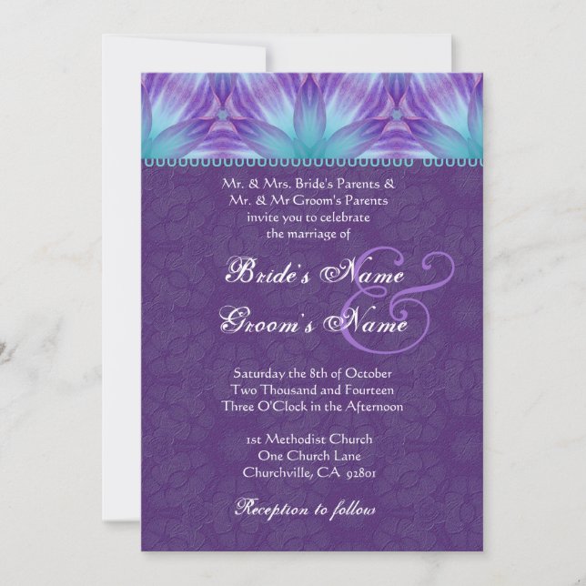 Aqua-blaue und königliche lila lila Hochzeit Einladung (Vorderseite)