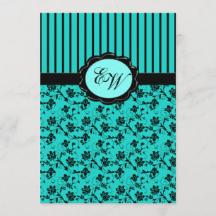 Aqua-blaue und schwarze Monogramm-Damast-Einladung Einladung