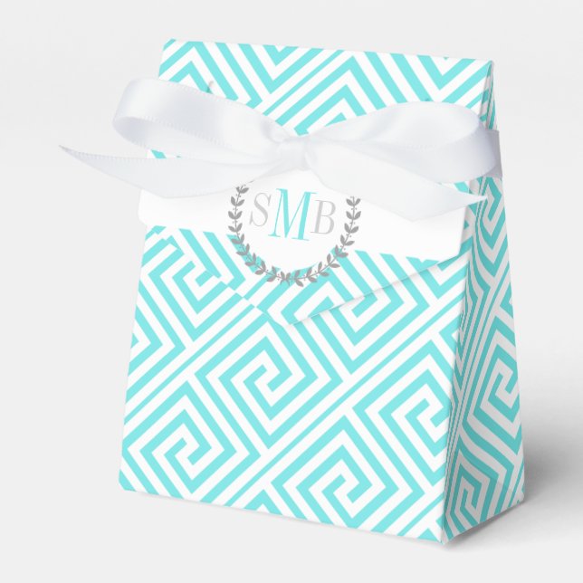 Aqua-blaue, weiße griechische Schlüsselhochzeit Geschenkschachtel (Vorderseite)