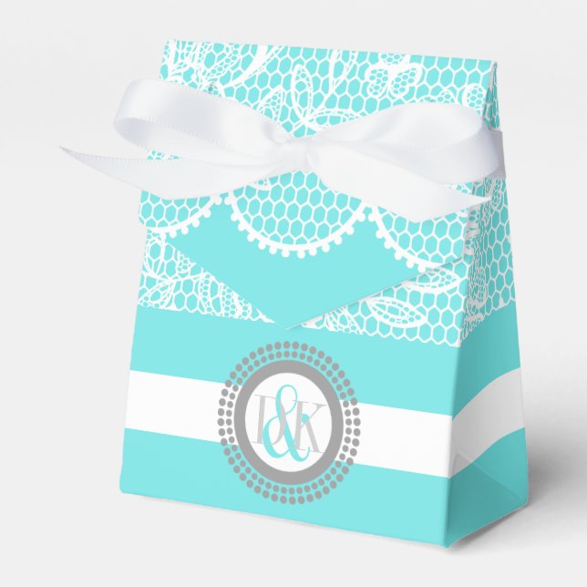 Aqua-blaue, weiße Spitzen-Muster Initialen Hochzei Geschenkschachtel (Vorderseite)