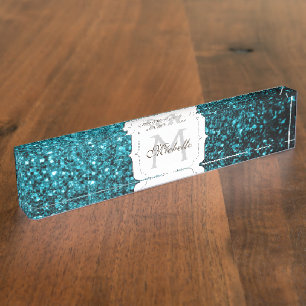 Aqua-blauer glänzender falscher Glitter-Funkel-Mon Namensplakette