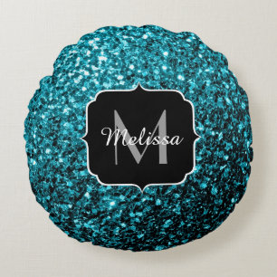 Aqua-blauer glänzender falscher Glitterfunkel Mono Rundes Kissen