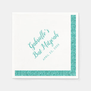 Aqua Blauer Glitzer Personalisiertes Bat Mitzvah Serviette