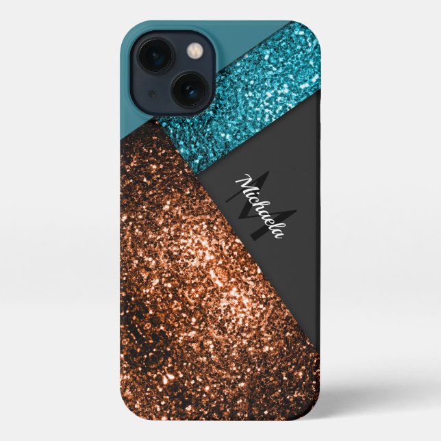Aqua-blauer Glitzern-Farbblock Monogram iPhone Hülle (Rückseite)