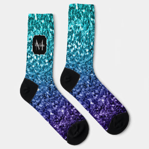Aqua-blauer Ombre-Kunstglitter funkelt Monogramm Socken
