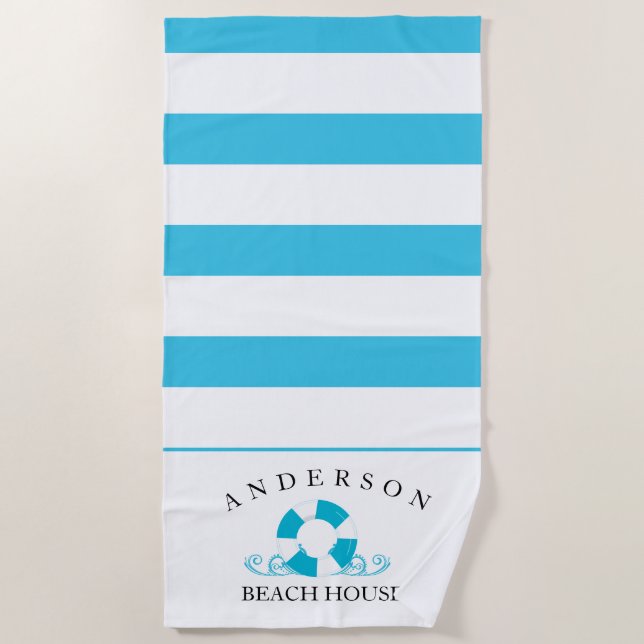 Aqua-blauer Streifen-personalisiertes Strand-Haus Strandtuch (Vorderseite)
