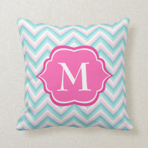 Aqua-blauer Zickzack rosa weißer Monogramm-Entwur Kissen