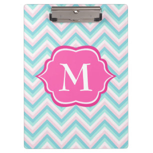 Aqua-blauer Zickzack rosa weißer Monogramm-Entwur Klemmbrett