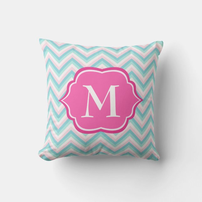 Aqua-blauer Zickzack rosa weißer Monogramm-Entwurf Kissen (Vorderseite)