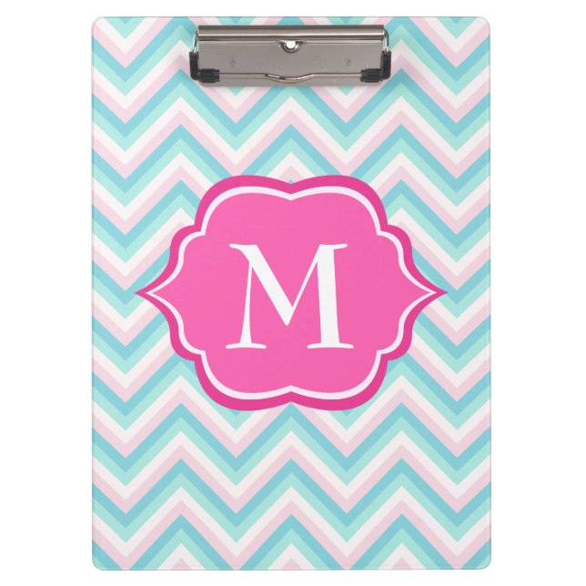 Aqua-blauer Zickzack rosa weißer Monogramm-Entwurf Klemmbrett (Vorderseite)