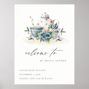 Aqua Blaues Blumen Teekannen Tassen Brautparty Wil Poster
