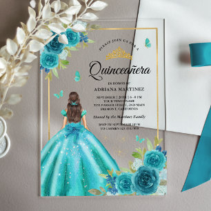Aqua-Blaues Blumenkleid Schmetterling Gold Quincea Acryleinladungen