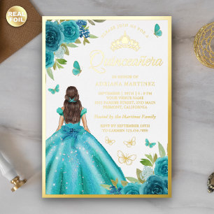 Aqua Blaues Blumenkleid Schmetterling Quinceanera Folieneinladung