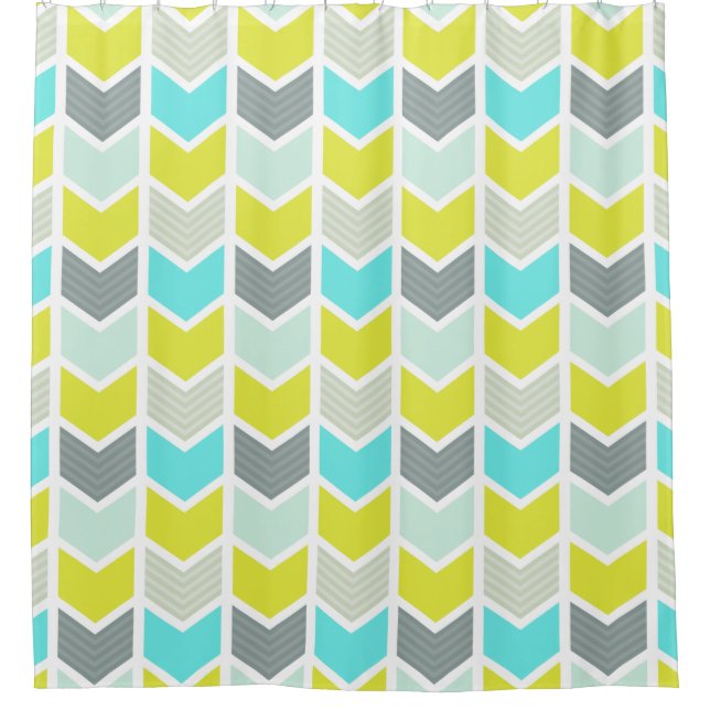 Aqua-blaues gelbes graues geometrisches Zickzack Duschvorhang (Vorderseite)