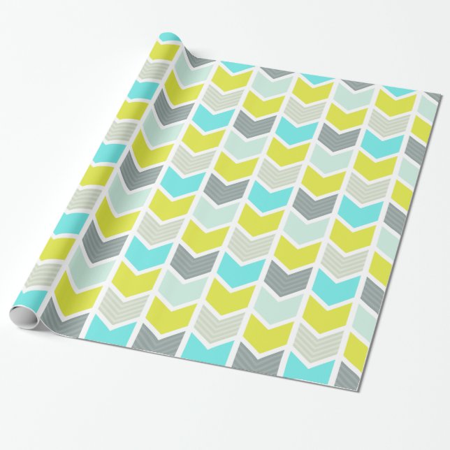 Aqua-blaues gelbes graues geometrisches Zickzack Geschenkpapier (Ungerollt)
