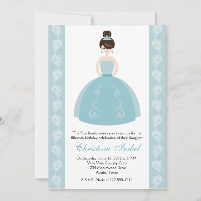 Aqua-blaues Kleidbrünette Quinceanera Einladungen (Vorderseite)