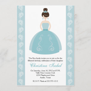 Aqua-blaues Kleidbrünette Quinceanera Einladungen