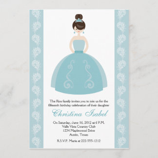 Aqua-blaues Kleidbrünette Quinceanera Einladungen
