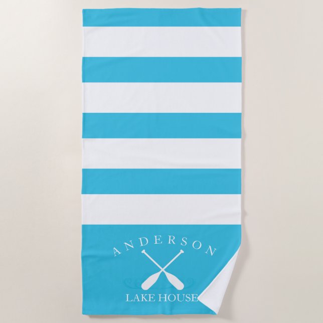 Aqua-blaues Stripe personalisiertes See-Haus Strandtuch (Vorderseite)