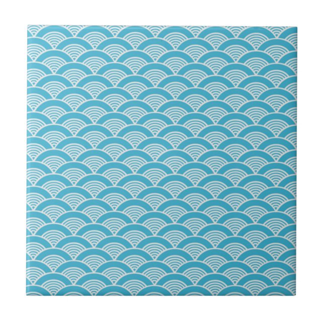 Aqua-blaues weißes japanisches Wellen-Muster Fliese (Vorderseite)