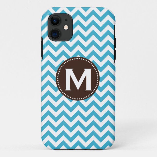 Aqua-blaues weißes Monogramm-Zickzack Muster Case-Mate iPhone Hülle (Rückseite)