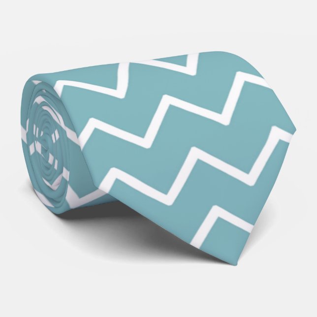 Aqua bleu et blanc Chevron Zig Zag Cravate (Roulé)