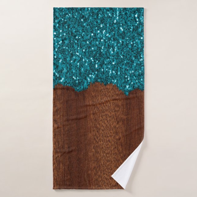 Aqua bleu étincelle bois brun rustique (Serviette de bain)