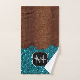 Aqua bleu étincelle bois brun rustique Monogramme