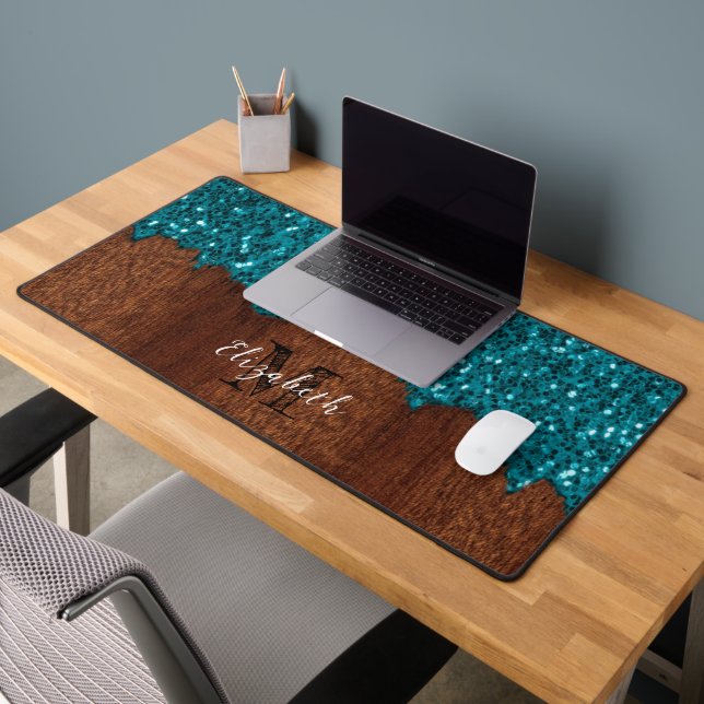 Aqua bleu faux scintille bois rustique Monogramme (Bureau 2)