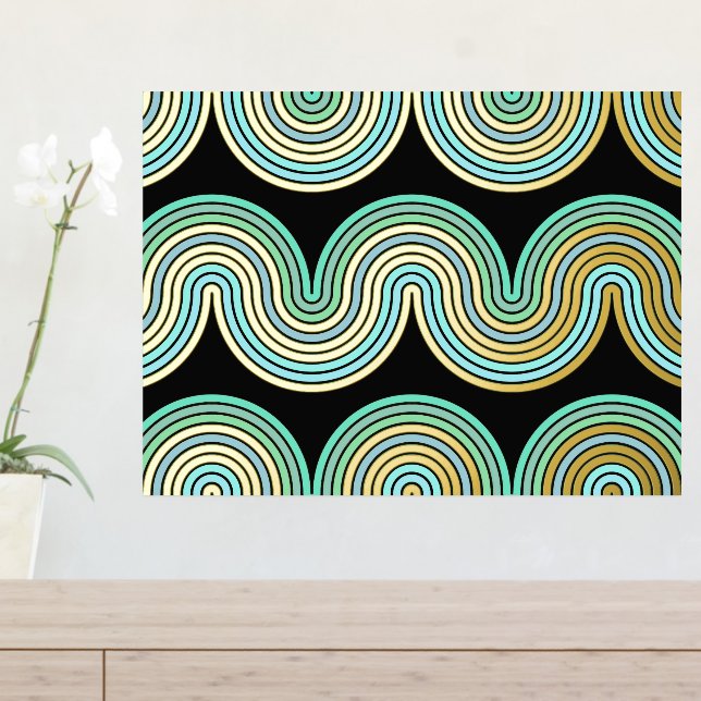 Aqua Blue Abstrakt Wave Lines Art Muster Gold Foliendrucke (In Situ (Eingangstisch))