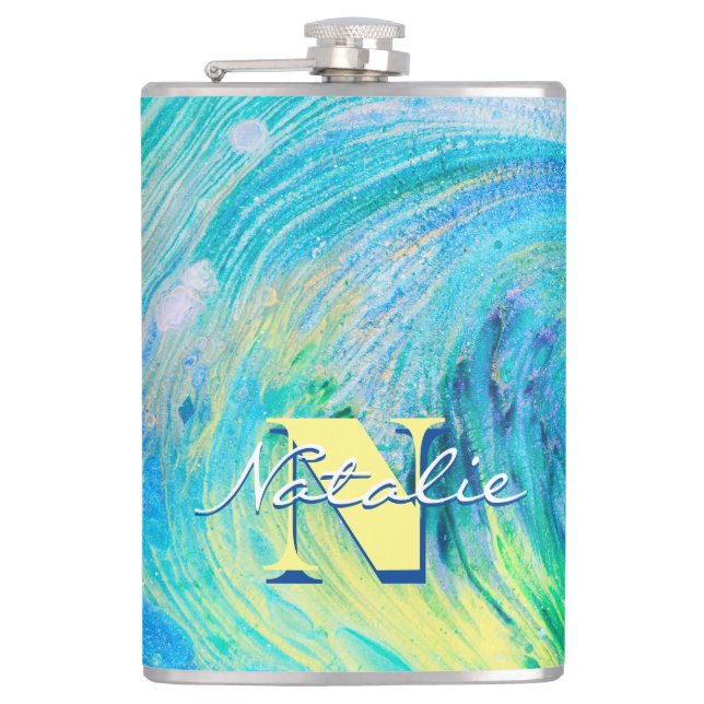 Aqua Blue Acrylic Flow Art Flask Flachmann (Vorderseite)