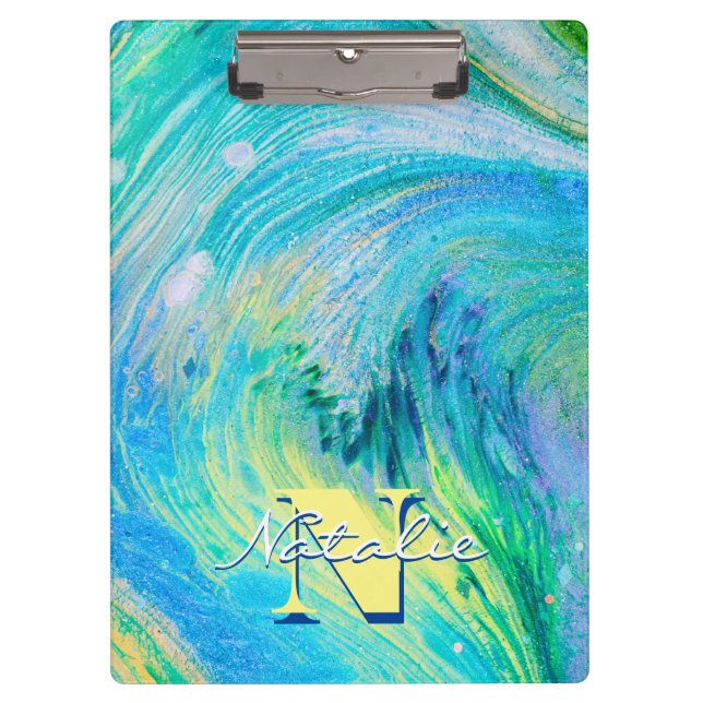 Aqua Blue Acrylic Flow Art Klemmbrett (Vorderseite)