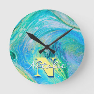 Aqua Blue Acrylic Flow Art Round Clock Runde Wanduhr