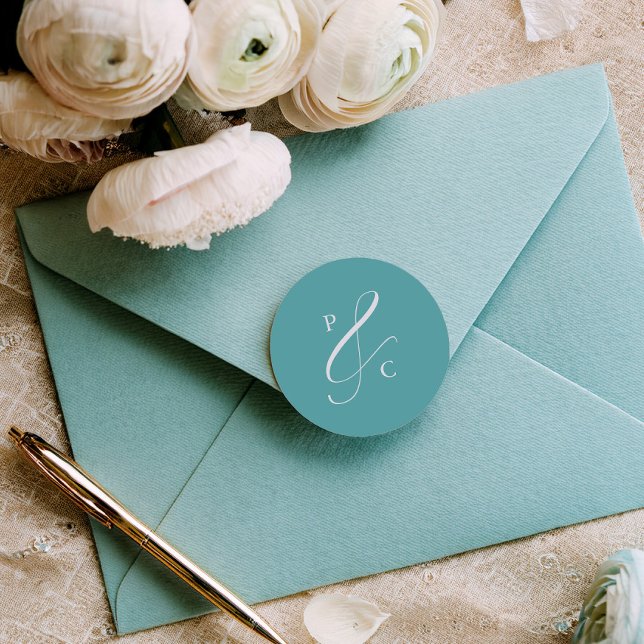 Aqua Blue Ampersand Monogram Envelope Seals Runder Aufkleber (Von Creator hochgeladen)