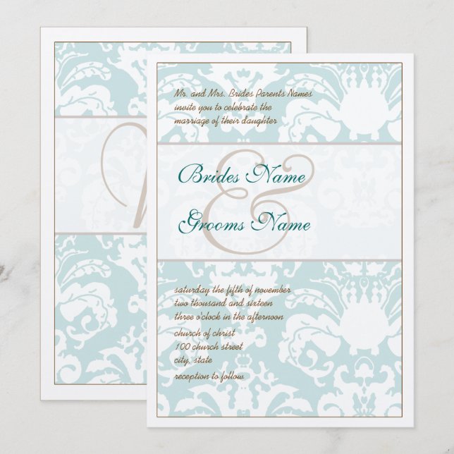 Aqua Blue and Brown Damask Hochzeitsempfehlung Einladung (Vorne/Hinten)