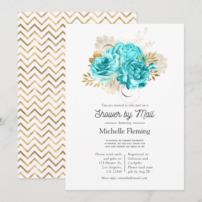 Aqua Blue and Gold Floral Shows by Mail Einladung (Vorne/Hinten)