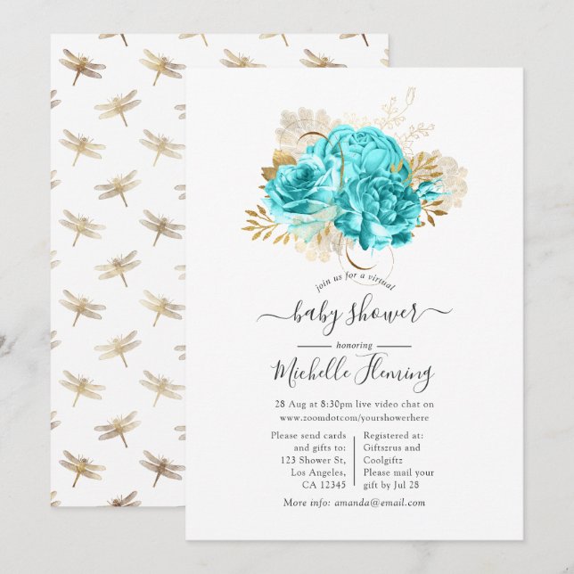 Aqua Blue and Gold Floral Virtual Dusche Einladung (Vorne/Hinten)