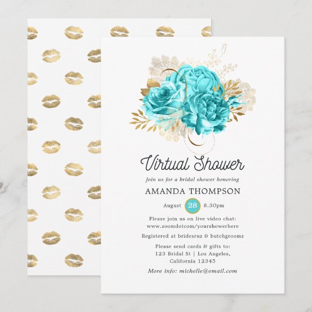 Aqua Blue and Gold Floral Virtual Dusche Einladung (Vorne/Hinten)