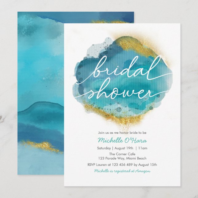 Aqua Blue and gold Ocean Bridal Dusche Einladung (Vorne/Hinten)