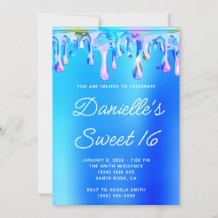 Aqua Blue and Pink Liquid Tropfen Sweet 16 Einladung