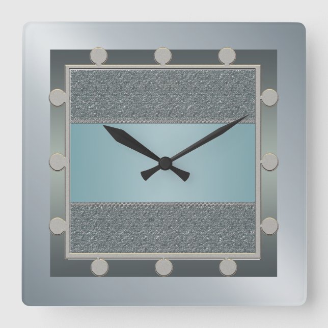 Aqua Blue and Silver Wall Clock Quadratische Wanduhr (Vorderseite)