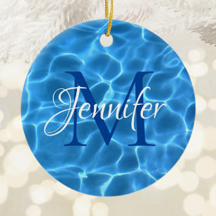 Aqua Blue and White Swimming Pool Foto Monogram Keramik Ornament