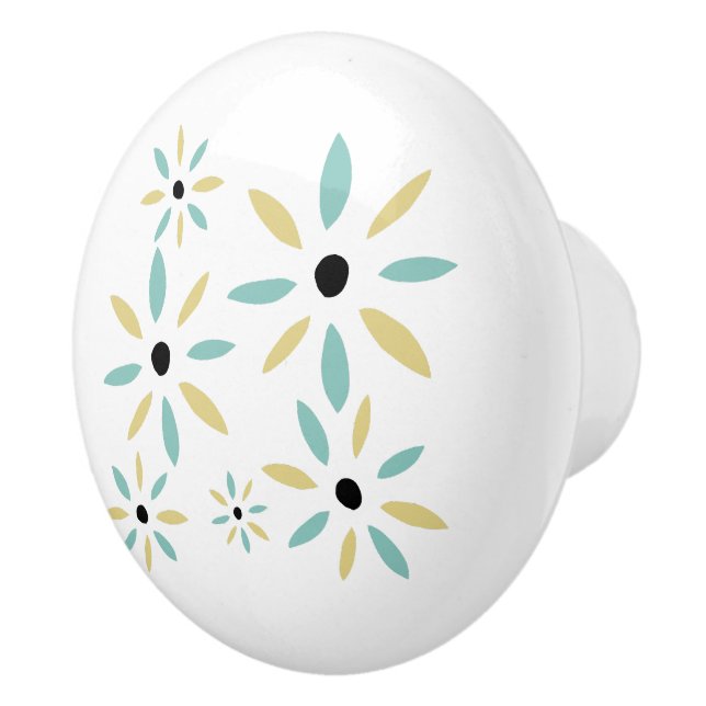 Aqua Blue And Yellow Mid Century Flowers Keramikknauf (Rechts)