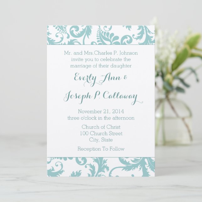Aqua Blue Aquamarin Floral Damask Einladung Hochze (Stehend Vorderseite)